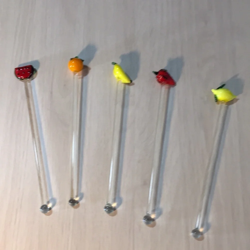 Set of 5 Hand Blown Glass Fruit Theme Swizzle Sticks for Home Bar Tropical Drink